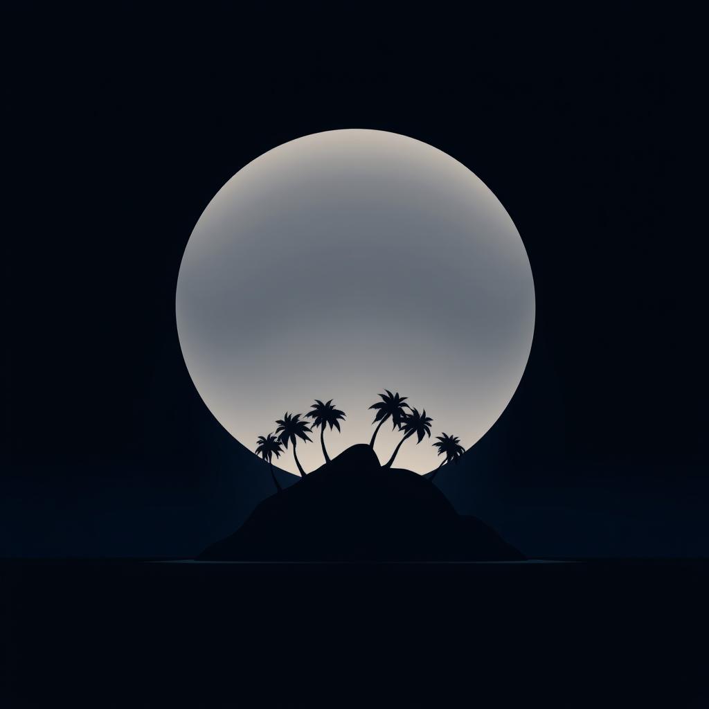 A striking vector graphic design depicting a silhouette of an island beneath a large, glowing moon