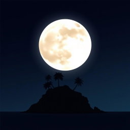 A striking vector graphic design depicting a silhouette of an island beneath a large, glowing moon