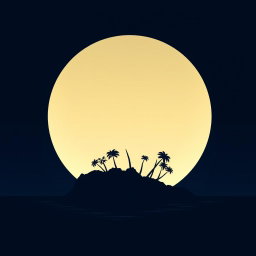 A striking vector graphic design depicting a silhouette of an island beneath a large, glowing moon