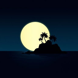 A striking vector graphic design depicting a silhouette of an island beneath a large, glowing moon