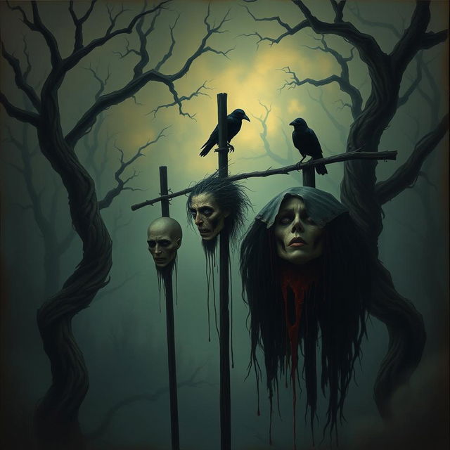 An artistic, dark fantasy depiction of a scene featuring impaled victims