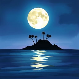 A beautiful painted graphic illustrating a silhouette of an island under a large, radiant moon