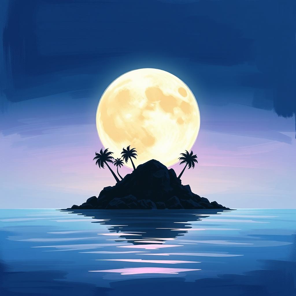 A beautiful painted graphic illustrating a silhouette of an island under a large, radiant moon