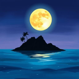 A beautiful painted graphic illustrating a silhouette of an island under a large, radiant moon