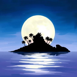 A beautiful painted graphic illustrating a silhouette of an island under a large, radiant moon
