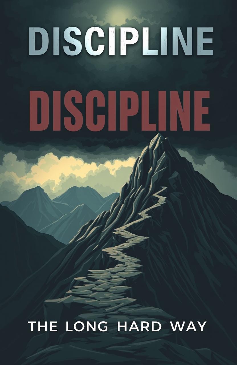 A powerful book cover illustration depicting the concept of discipline as a long, challenging journey rather than a quick success