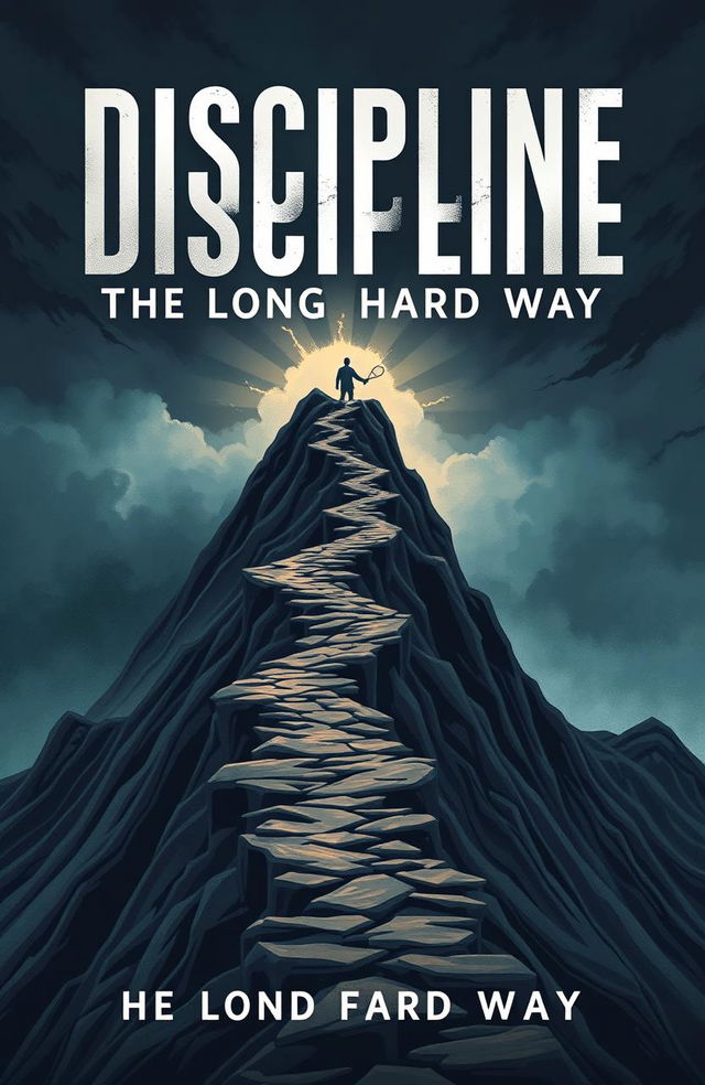 A powerful book cover illustration depicting the concept of discipline as a long, challenging journey rather than a quick success