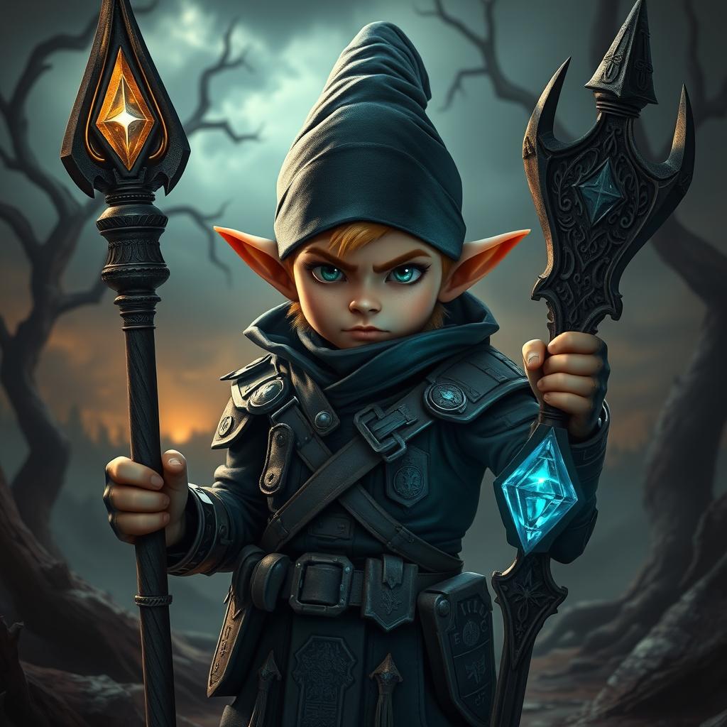 A young gnome mage in a dark military fantasy setting, radiating an aura of mystery and power