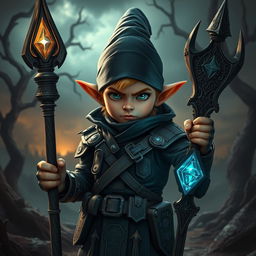 A young gnome mage in a dark military fantasy setting, radiating an aura of mystery and power