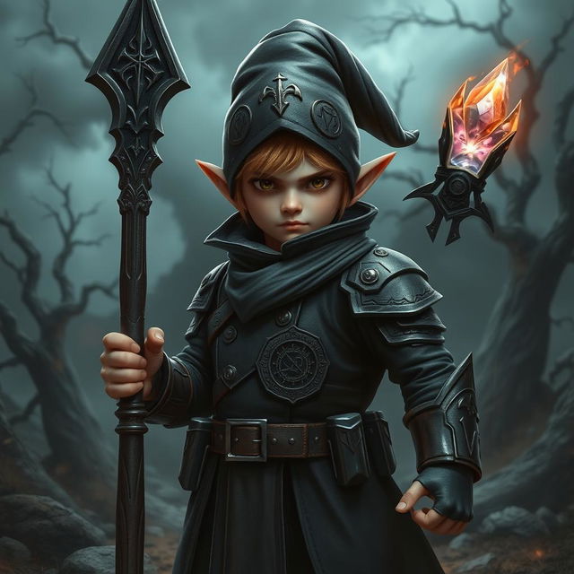 A young gnome mage in a dark military fantasy setting, radiating an aura of mystery and power