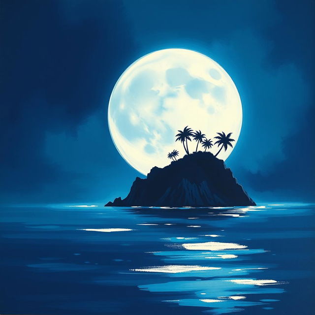 A captivating painting graphic showcasing the silhouette of an island against the backdrop of a large, luminous moon