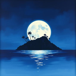 A captivating painting graphic showcasing the silhouette of an island against the backdrop of a large, luminous moon