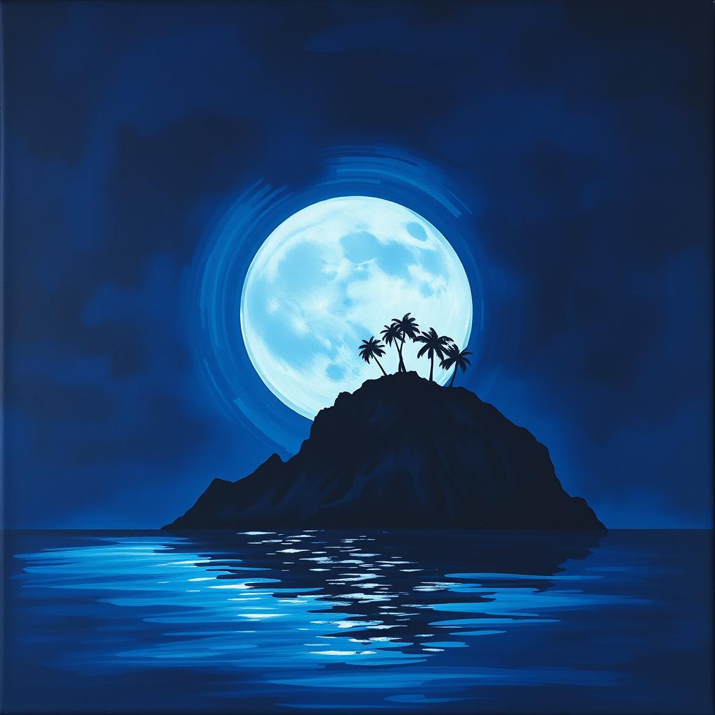 A captivating painting graphic showcasing the silhouette of an island against the backdrop of a large, luminous moon