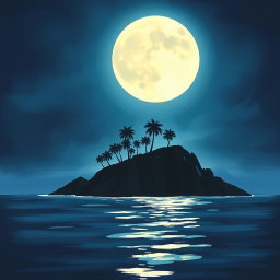 A captivating painting graphic showcasing the silhouette of an island against the backdrop of a large, luminous moon