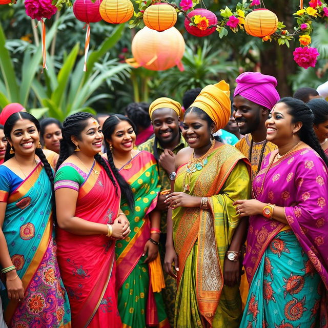 A vibrant gathering of Indian women and African men enjoying a cultural celebration in a lush garden setting