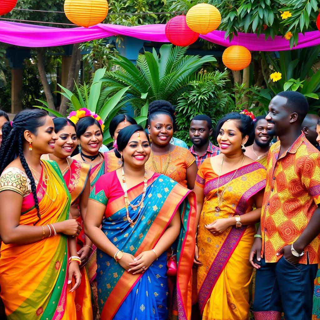 A vibrant gathering of Indian women and African men enjoying a cultural celebration in a lush garden setting