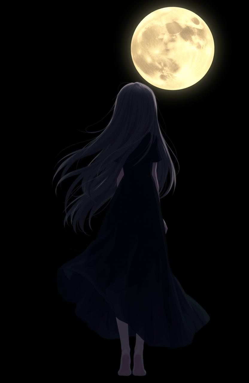 A captivating scene featuring a girl standing forward against a black-themed background, with a luminous full moon shining brightly in the night sky