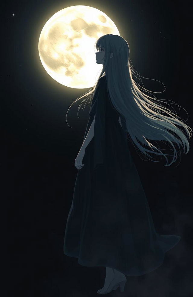 A captivating scene featuring a girl standing forward against a black-themed background, with a luminous full moon shining brightly in the night sky