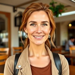 A full-height photograph of a woman aged 30 to 45 years with a natural look, featuring minimal makeup and well-groomed hair