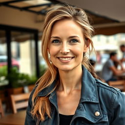 A full-height photograph of a woman aged 30 to 45 years with a natural look, featuring minimal makeup and well-groomed hair