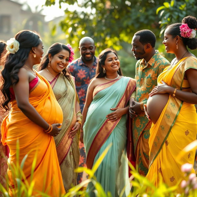 A heartwarming gathering of pregnant Indian women and African men in a serene outdoor environment