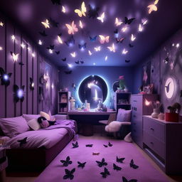 Design a room for an 18-year-old girl with tomboy and girly interests, featuring black, blue, purple, grey, and white mood lighting. Incorporate moon, star, and butterfly elements alongside a Sanatan theme, anime, and K-drama influences. Finish with a butterfly mirror wall decor.