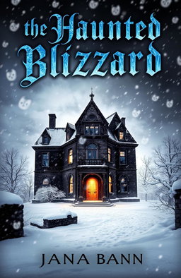 A dramatic book cover for "The Haunted Blizzard," featuring a chilling scene of a snowstorm engulfing an ancient, eerie mansion