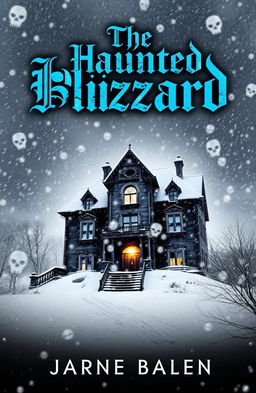 A dramatic book cover for "The Haunted Blizzard," featuring a chilling scene of a snowstorm engulfing an ancient, eerie mansion