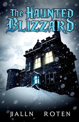 A dramatic book cover for "The Haunted Blizzard," featuring a chilling scene of a snowstorm engulfing an ancient, eerie mansion
