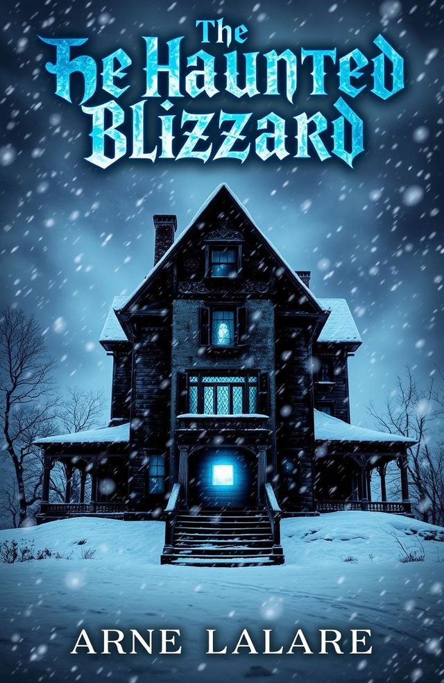 A dramatic book cover for "The Haunted Blizzard," featuring a chilling scene of a snowstorm engulfing an ancient, eerie mansion