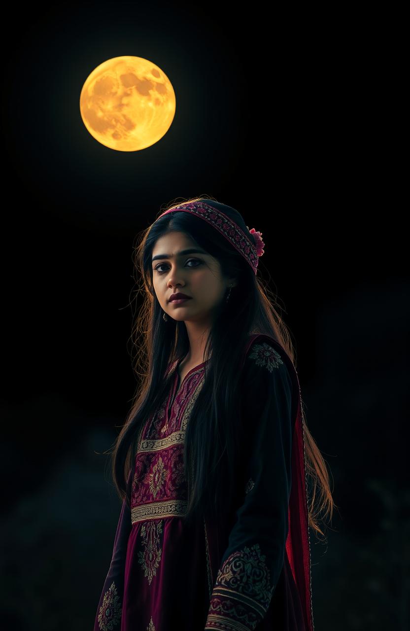 A scene depicting a black-themed night sky illuminated by a bright full moon, casting its glow over a sorrowful Punjabi girl standing in the foreground