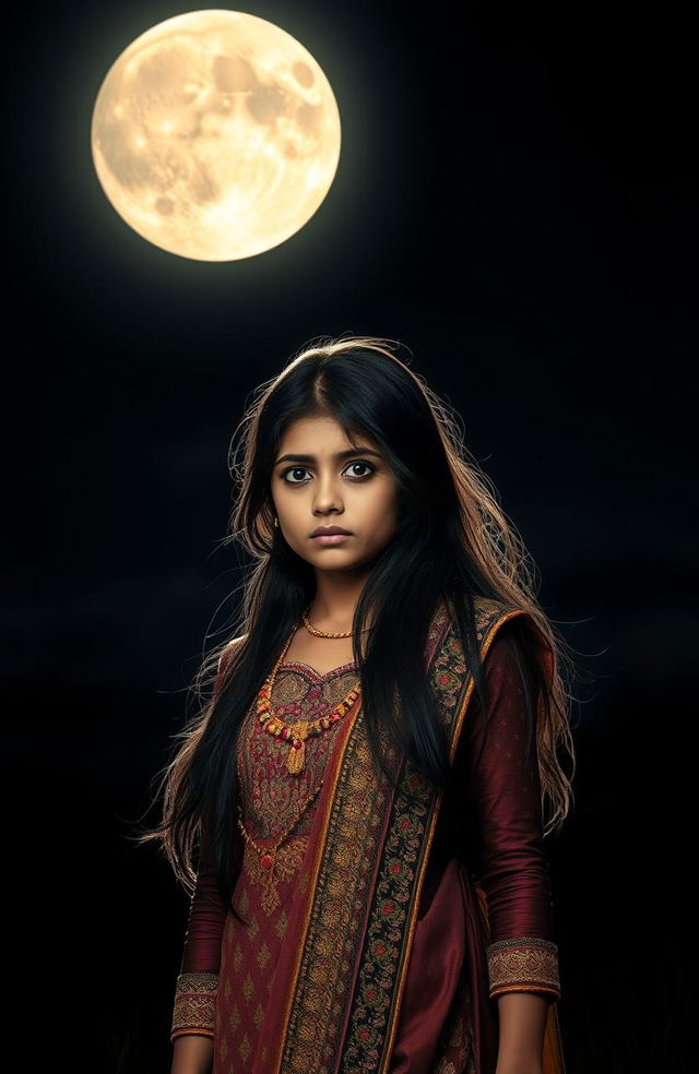 A scene depicting a black-themed night sky illuminated by a bright full moon, casting its glow over a sorrowful Punjabi girl standing in the foreground