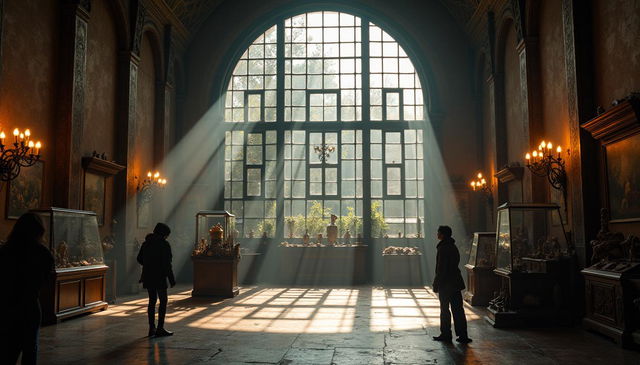 An old museum characterized by its large glass windows allowing soft, dim light to filter in, casting gentle shadows across the room