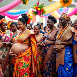 An engaging scene depicting a gathering of pregnant Indian women and African men in traditional attire at a community festival