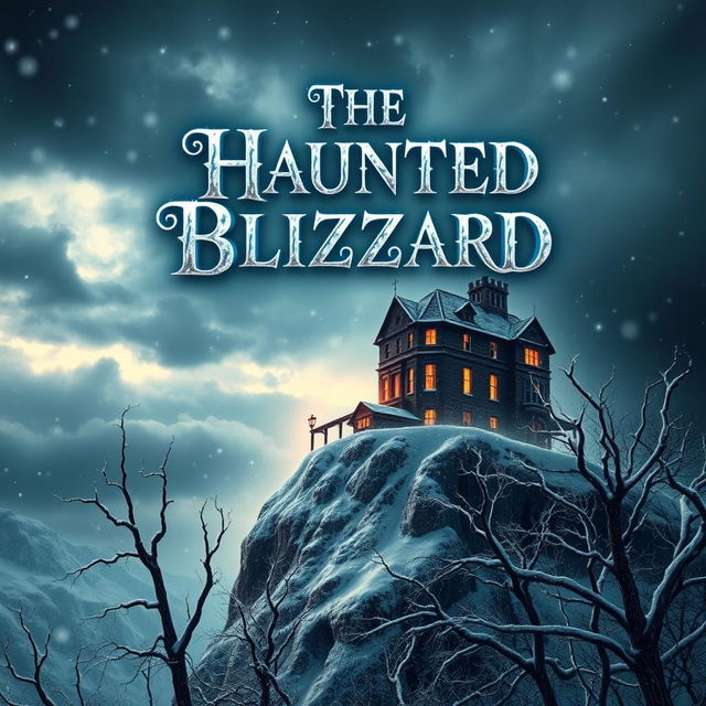 A captivating book cover for "The Haunted Blizzard", showcasing a dramatic scene of a fierce snowstorm surrounding a dilapidated, haunted mansion on a cliff