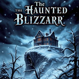 A captivating book cover for "The Haunted Blizzard", showcasing a dramatic scene of a fierce snowstorm surrounding a dilapidated, haunted mansion on a cliff