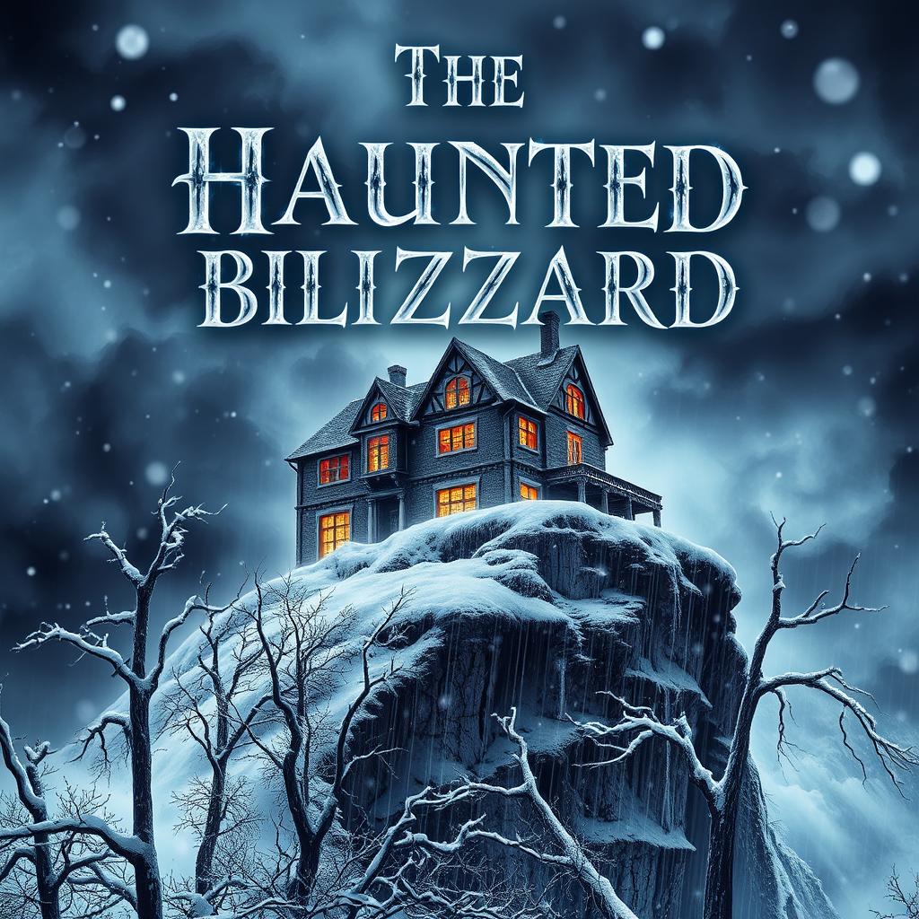 A captivating book cover for "The Haunted Blizzard", showcasing a dramatic scene of a fierce snowstorm surrounding a dilapidated, haunted mansion on a cliff