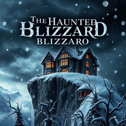 A captivating book cover for "The Haunted Blizzard", showcasing a dramatic scene of a fierce snowstorm surrounding a dilapidated, haunted mansion on a cliff