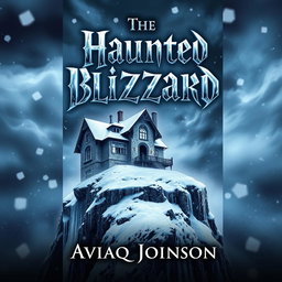 An eye-catching book cover for "The Haunted Blizzard" by Aviaq Johnson, featuring a dramatic scene of a fierce snowstorm enveloping a decrepit, haunted mansion perched on a cliff