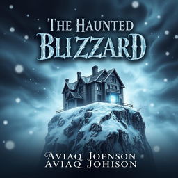 An eye-catching book cover for "The Haunted Blizzard" by Aviaq Johnson, featuring a dramatic scene of a fierce snowstorm enveloping a decrepit, haunted mansion perched on a cliff