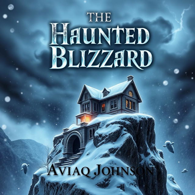 An eye-catching book cover for "The Haunted Blizzard" by Aviaq Johnson, featuring a dramatic scene of a fierce snowstorm enveloping a decrepit, haunted mansion perched on a cliff