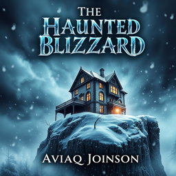 An eye-catching book cover for "The Haunted Blizzard" by Aviaq Johnson, featuring a dramatic scene of a fierce snowstorm enveloping a decrepit, haunted mansion perched on a cliff