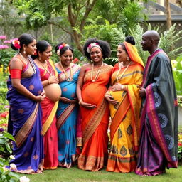 A joyful gathering featuring 5 pregnant Indian women and 4 African men, all dressed in traditional attire