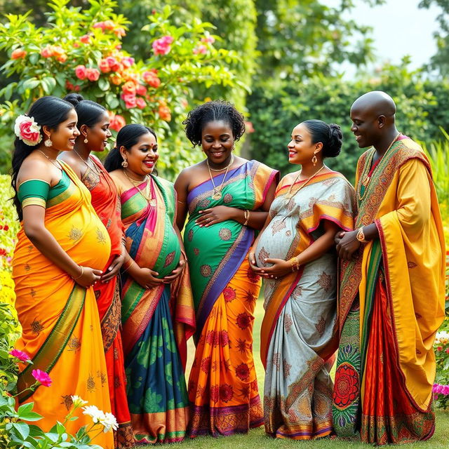 A joyful gathering featuring 5 pregnant Indian women and 4 African men, all dressed in traditional attire