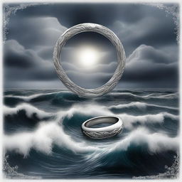 A high-quality digital art image depicting a stormy sea scene with a silver ring as the central focus