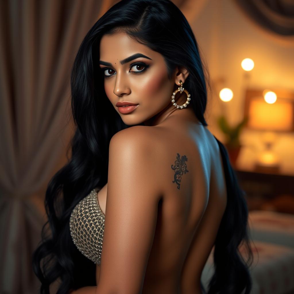 A stunningly beautiful Indian woman with long black hair and striking features, elegantly posed in an artistic and sensual manner