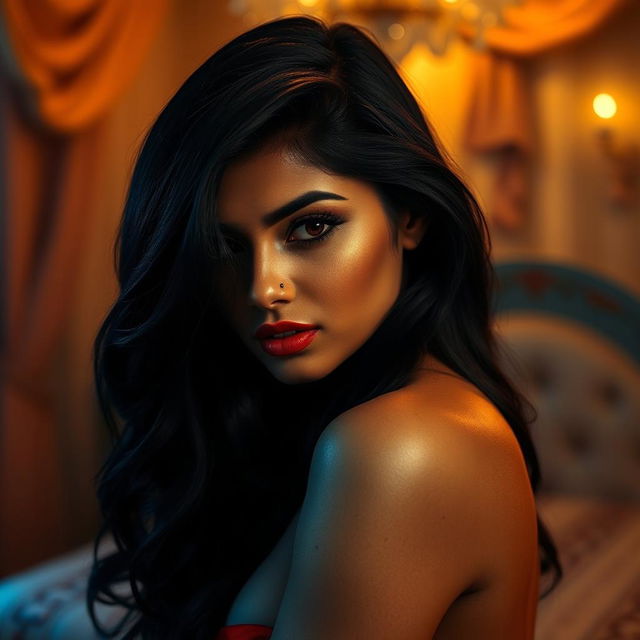 A stunningly beautiful Indian woman with long black hair and striking features, elegantly posed in an artistic and sensual manner