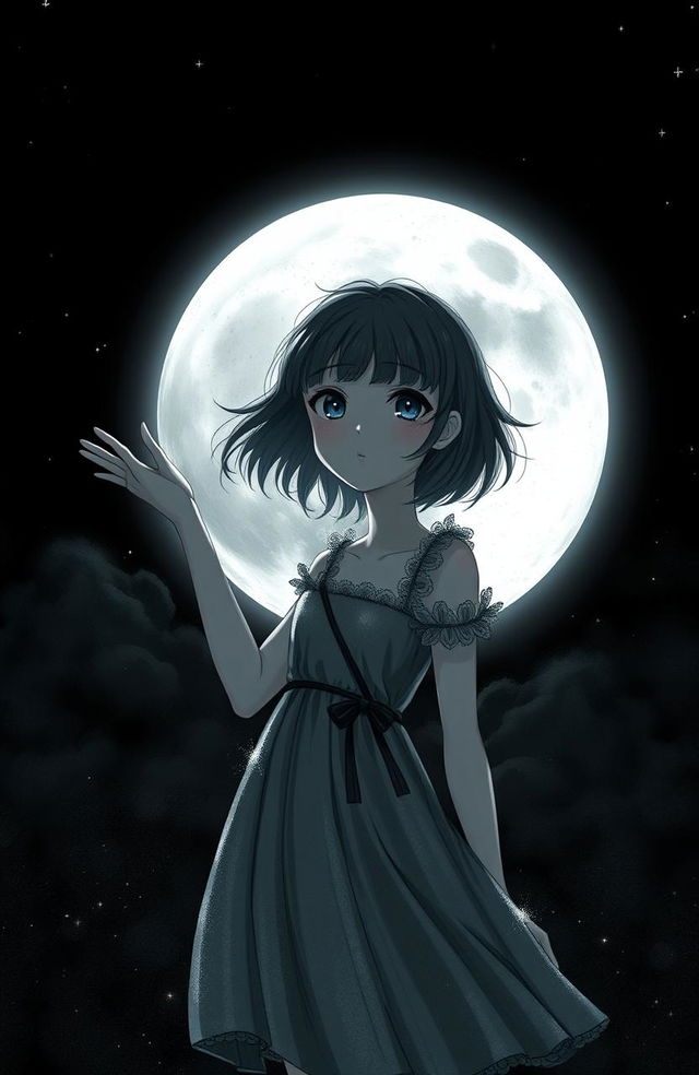 In a mystical black-themed scene, a girl stands confidently in the foreground, extending her hand toward a luminous, oversized moon in the night sky