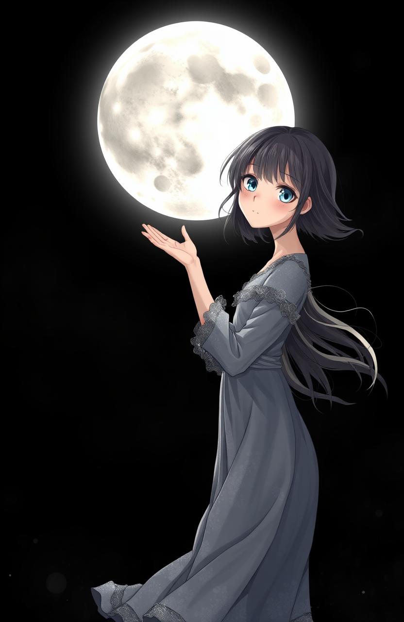 In a mystical black-themed scene, a girl stands confidently in the foreground, extending her hand toward a luminous, oversized moon in the night sky