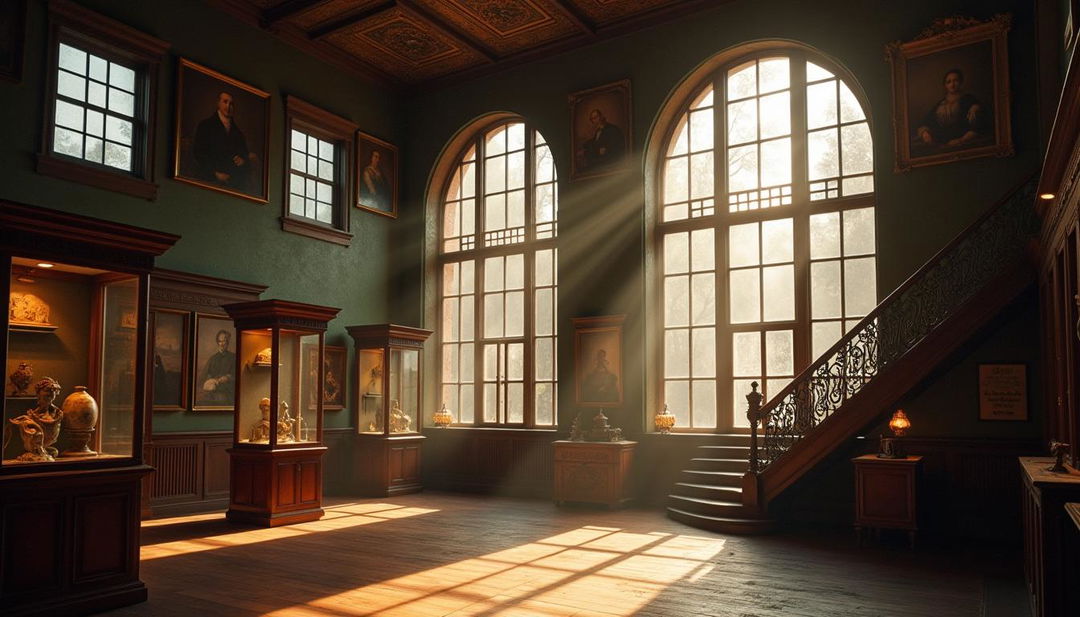 An enchanting view of an old museum, featuring immense glass windows that allow dim light to filter in, creating a warm and inviting atmosphere